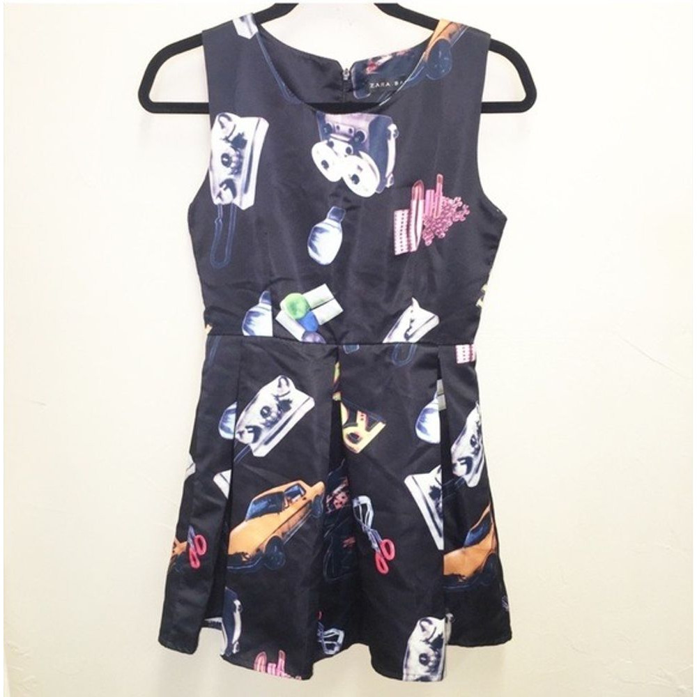 Zara Basics Black Printed Satiny Sleeveless Fit & Flare Mini Dress